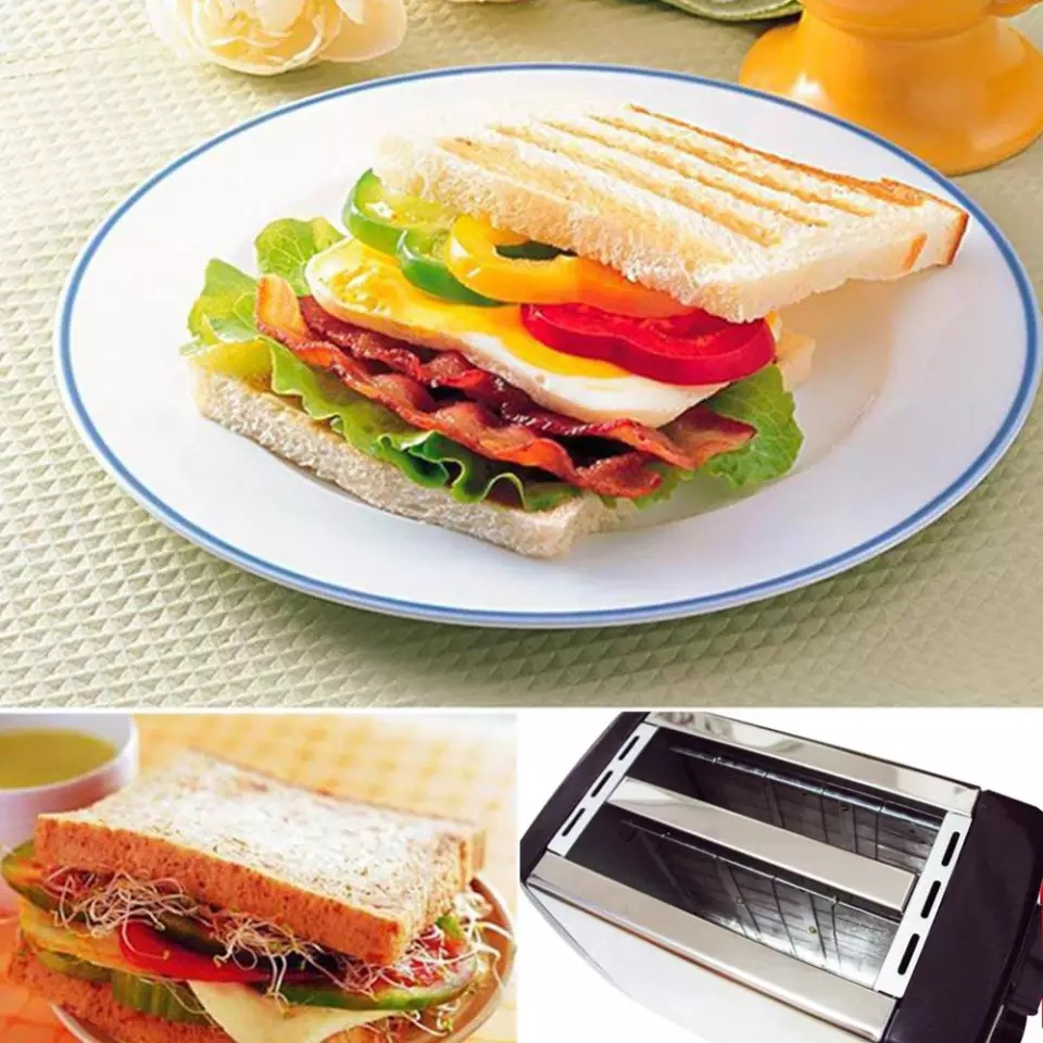Máy nướng bánh mì tự động 2 ngăn thích hợp cho bữa sáng tặng kèm cọ quét bơ