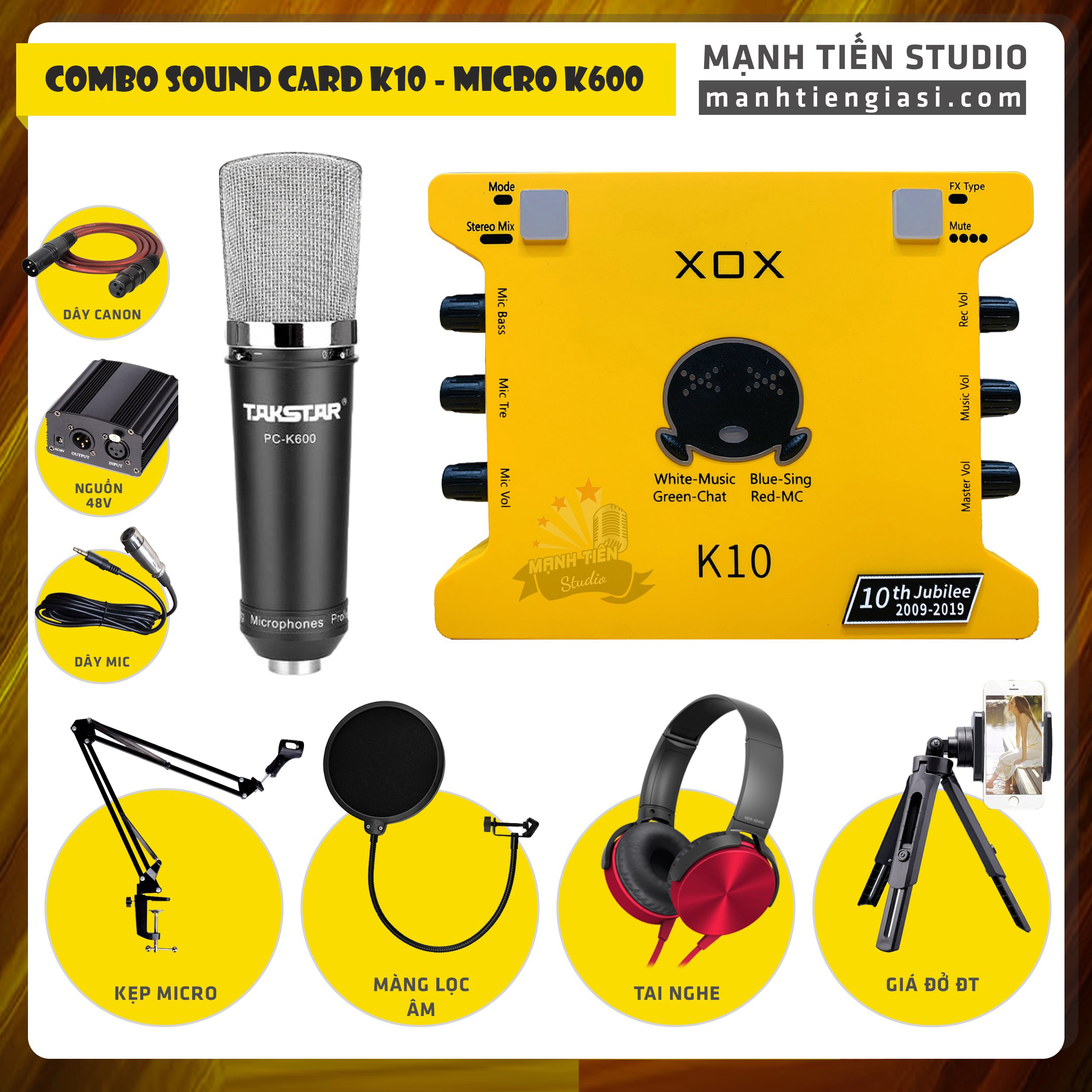 Combo thu âm, livestream Micro TakStar PC-K600, Sound card XOX K10 Jubilee - Kèm full phụ kiện nguồn 48V, kẹp micro, màng lọc, tai nghe, giá đỡ ĐT - Hỗ trợ thu âm, karaoke online chuyên nghiệp - Hàng chính hãng