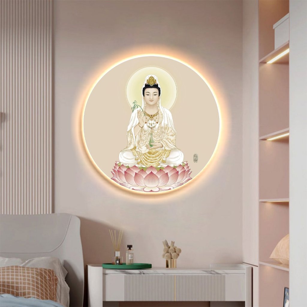 (ẢNH CHỤP)Tranh đèn led tráng gương phật Quan Âm bồ tát trang trí phòng thờ kèm đinh treo