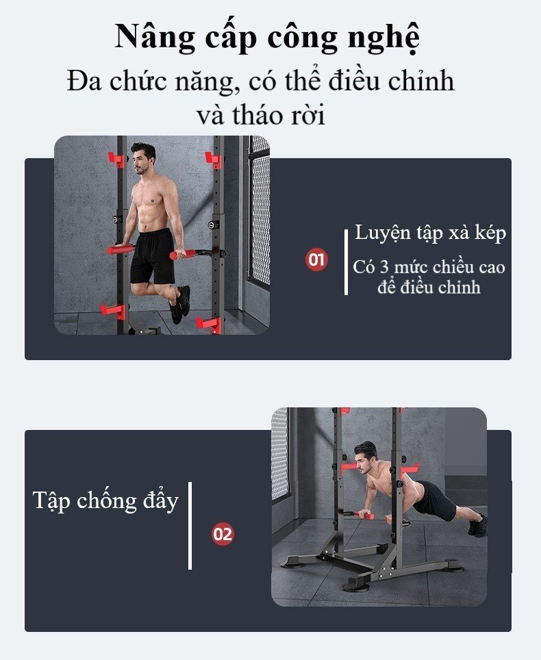 Khung giàn tạ đa năng tập tạ đòn, ghánh tạ, squat kết hợp xà đơn xà kép HT300