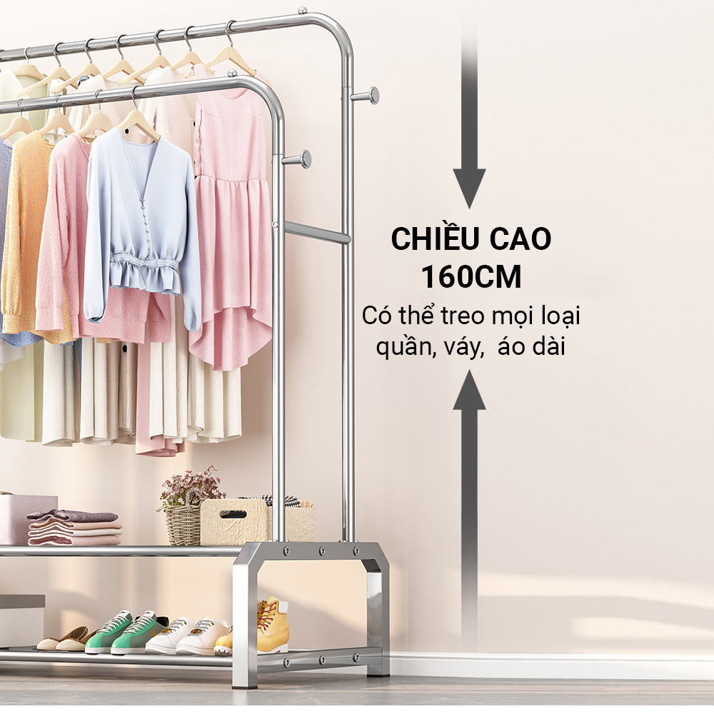 Giá Treo Quần Áo INOX Cao Cấp Chịu Lực 160kg Chắc Chắn Giá Kệ Phơi Đồ 2 Thanh Sức Chứa Lớn VANDO