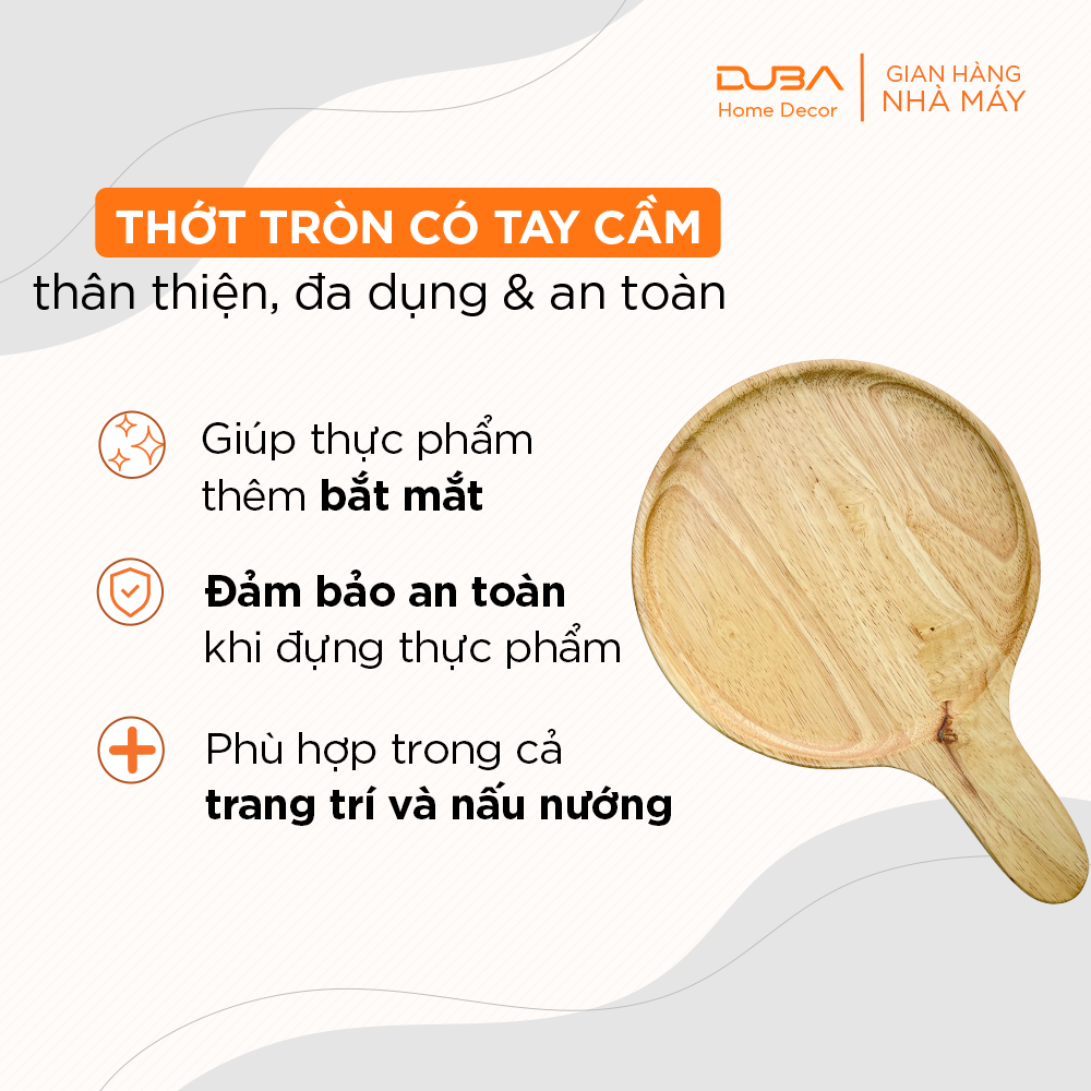 Khay gỗ decor cao su, thớt gỗ tròn có tay cầm có chứng nhận đạt chuẩn an toàn xuất khẩu Châu Âu - DUBA