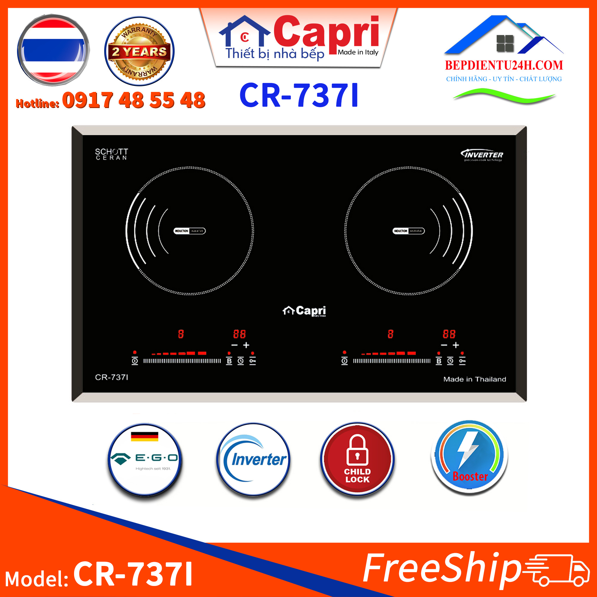 Bếp Điện Từ Capri CR-737I - Hàng Nhập Khẩu Thái Lan, Sản Xuất Theo Công Nghệ Tiên Tiến Châu Âu, Tiết Kiệm Điện Và Thời Gian Nấu Tối Ưu