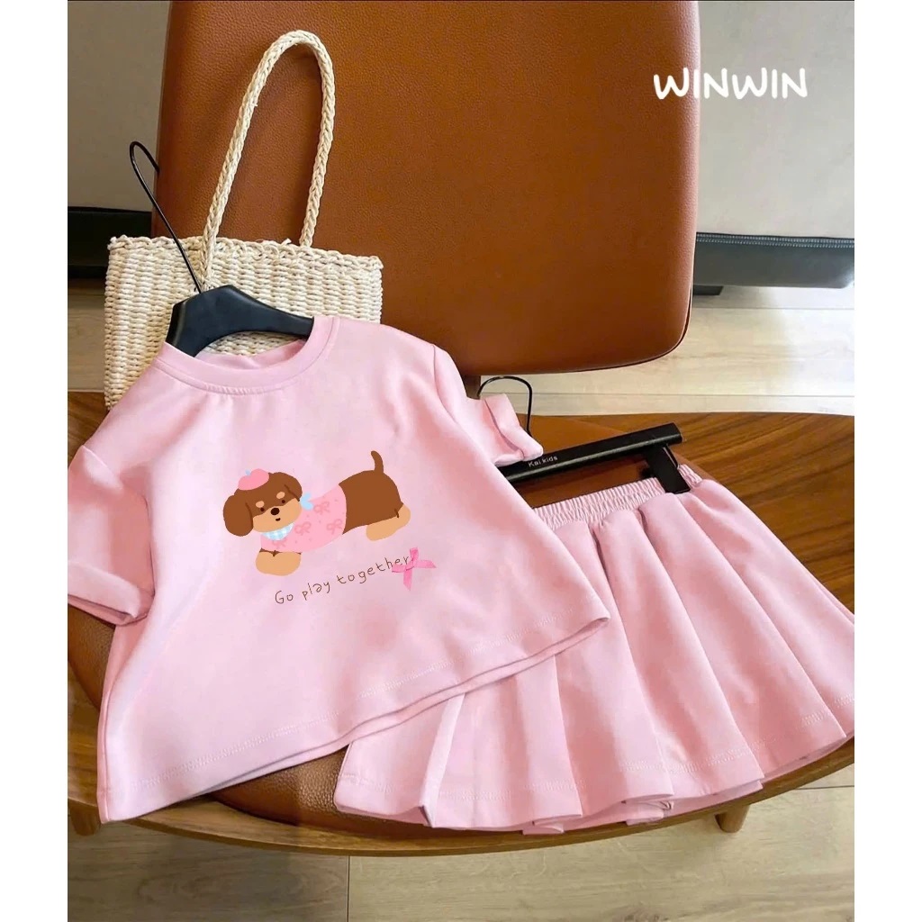 Set Váy Bé Gái, Bộ Bé Gái Áo Thun Ngăn Tay, Cộc Tay In Cún Đính Nơ Kèm Chân Váy Xếp Ly Từ 12-45kg Dành Cho Bé Gái