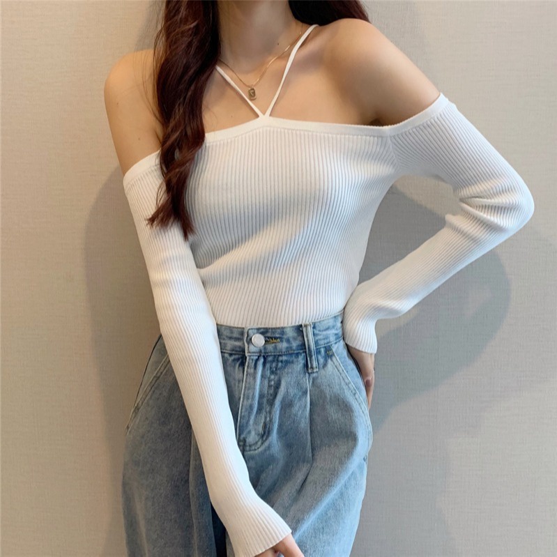 Áo Thun dài tay cổ yếm hở vai croptop ôm body sang chảnh