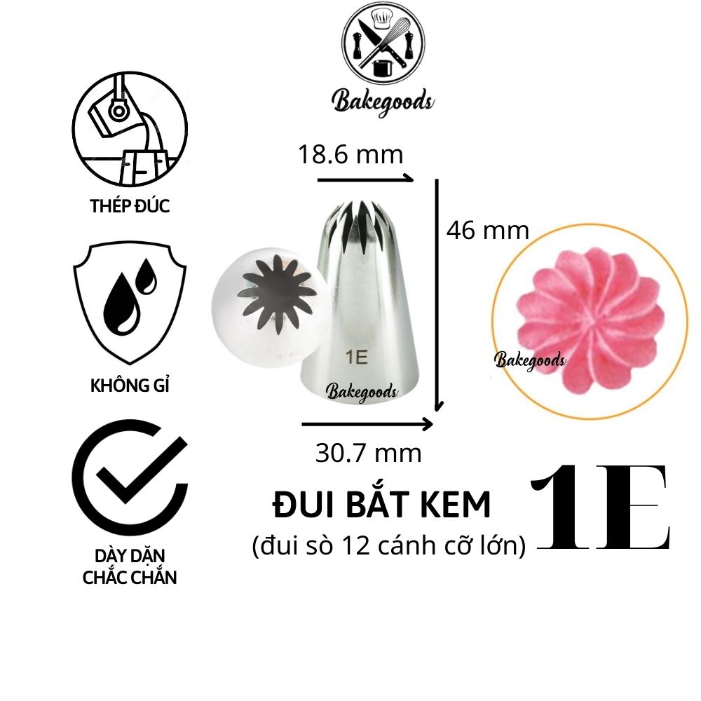 Đui bắt kem 1E, Đuôi bắt bánh quy trang trí bánh bằng thép không gỉ đúc liền khối dày dặn, cứng cáp