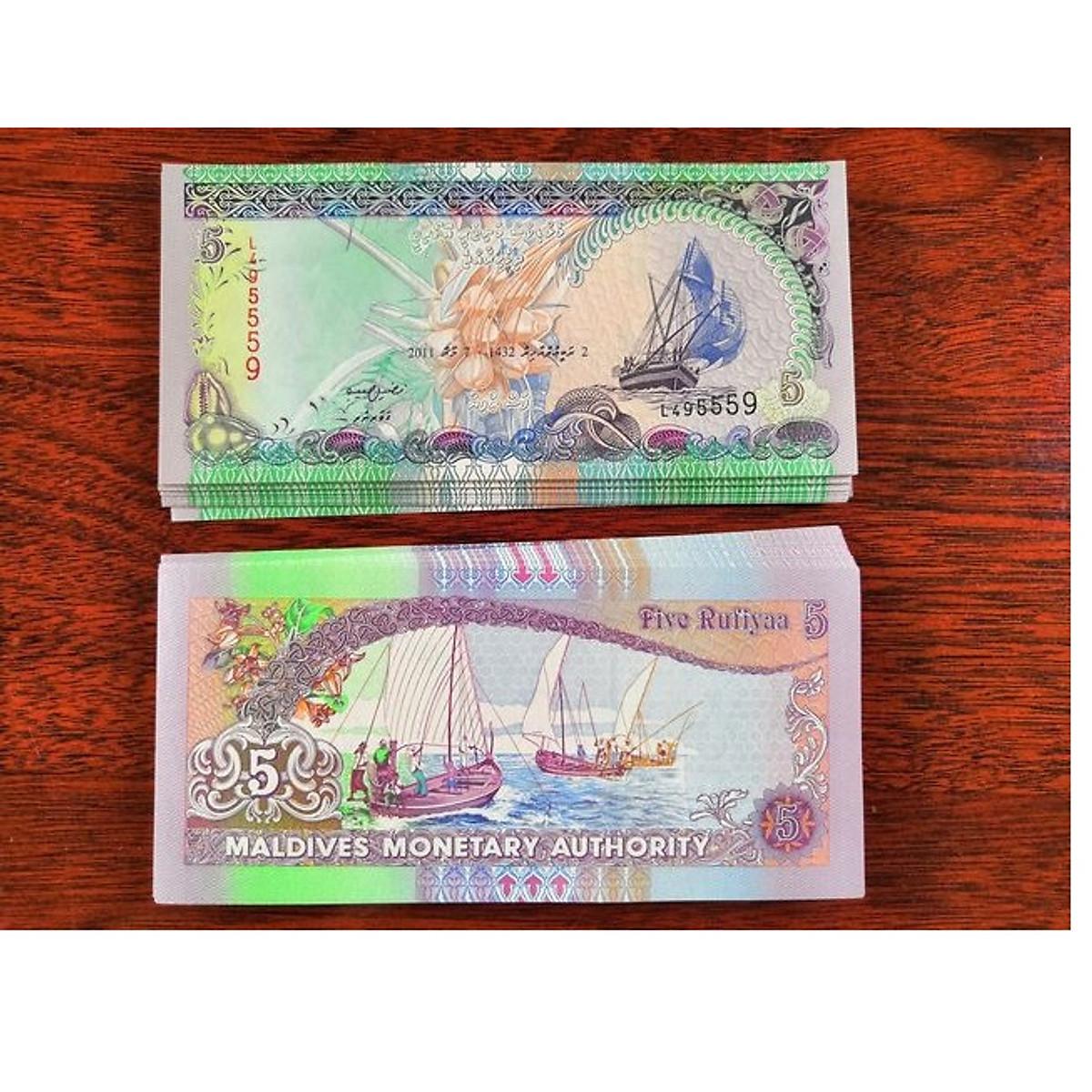 Tờ tiền 5 Rufiyaa của Maldives hình ảnh thuyền buồm - Mới 100% UNC , Tiền Châu Á, sưu tầm
