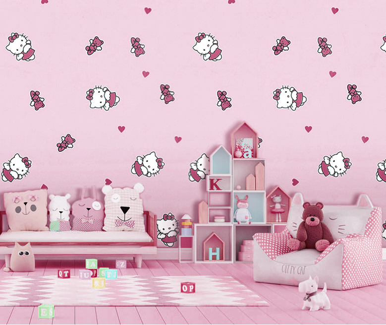 Combo 10 mét giấy dán tường, decal dán tường trang trí nhà cửa KITTY TRÁI TIM khổ 45cm