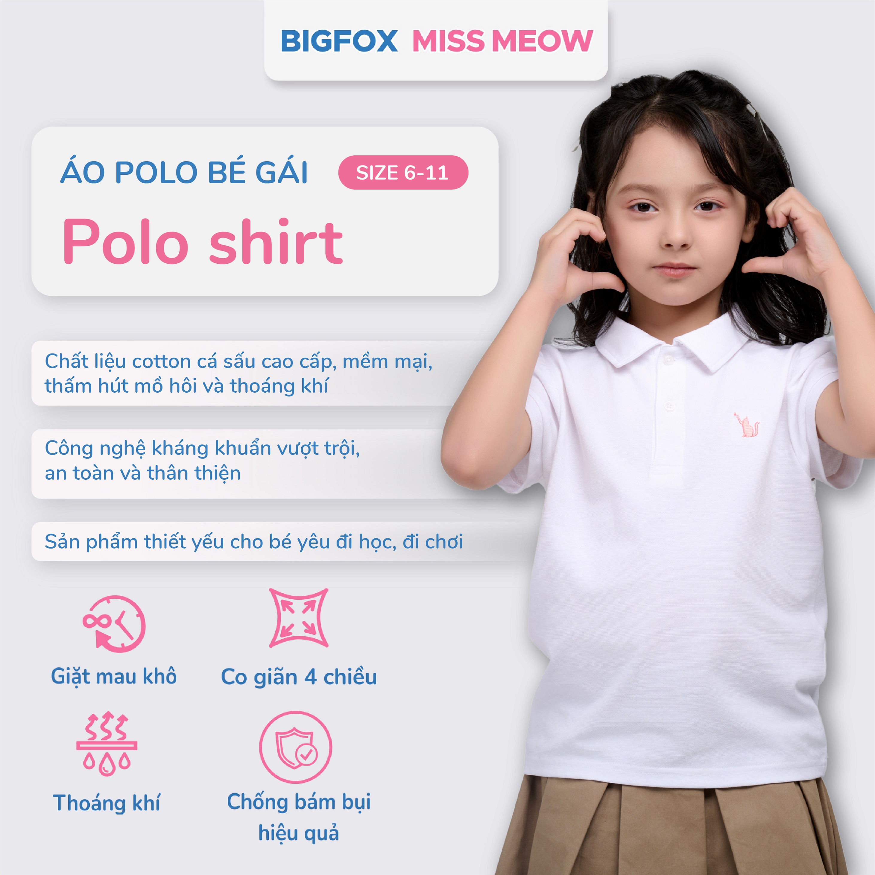 Áo polo bé gái Bigfox Miss Meow mùa hè, áo cộc tay đồng phục đi học có cổ 6,9,11 tuổi 30kg 40kg