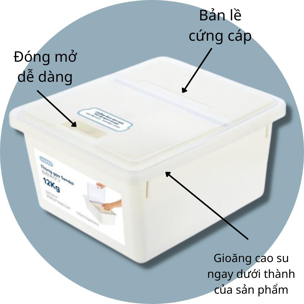 Thùng đựng gạo inochi Sendai 12 KG CAO CẤP Nắp Nhựa Kháng Khuẩn Chống Ẩm cao cấp tiêu chuẩn nhật