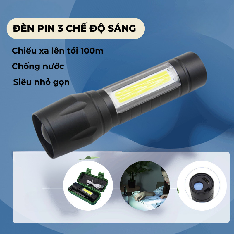 Đèn pin  cầm tay siêu sáng  với 3 chế độ ,đèn pin cao cấp  ,dây cắm sạc và nút bấm tiện lợi , kèm hộp đựng  chống sốc nhỏ gọn thuận lợi cho việc mang theo