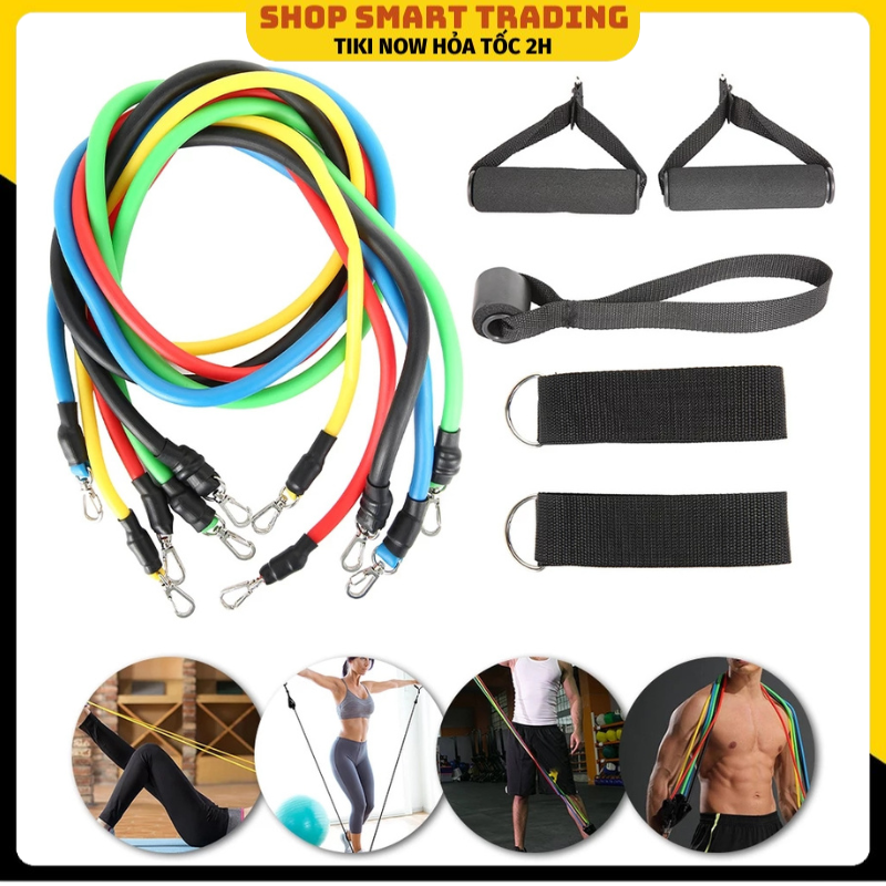 Dây đàn hồi tập Gym, dây tập thể lực - Bộ 11 chi tiết, dây tập kháng lực 100LB tiêu chuẩn tặng kèm massage rung thư giãn