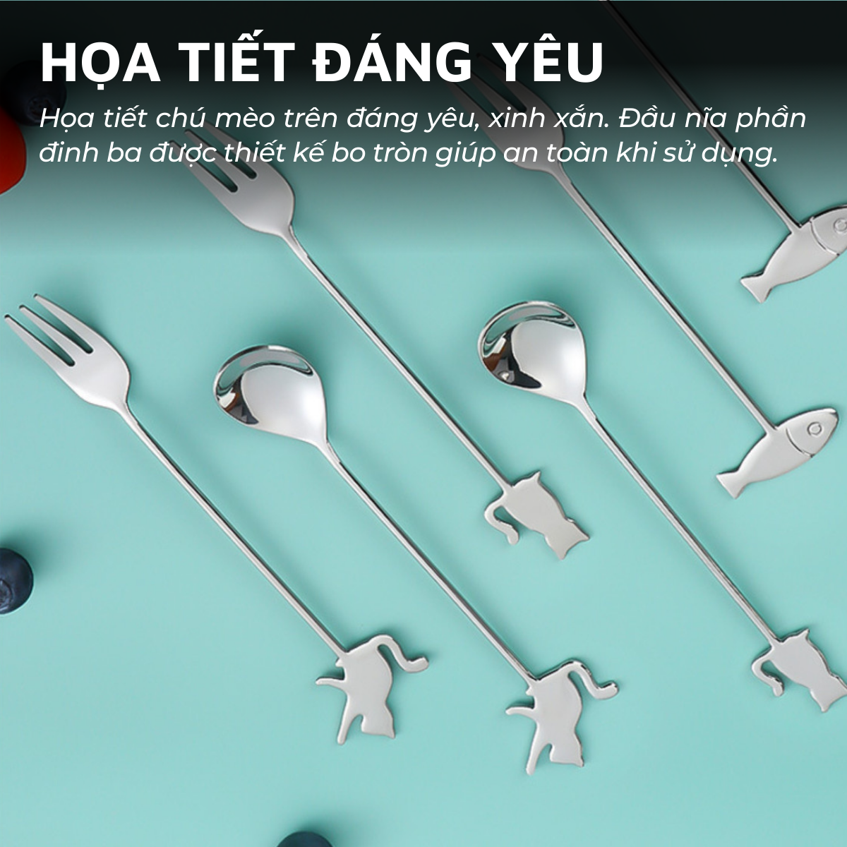 Pack 6 nĩa/dĩa ăn trái cây, hoa quả, bánh kem inox 304 DandiHome hoạt hình dễ thương hình chú mèo