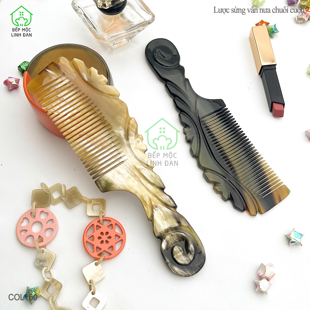 Lược Sừng Vân Nưa Chuôi Cuốn (Size: XL-20cm) Họa Tiết Uốn Lượn Sắc Sảo [COL160]