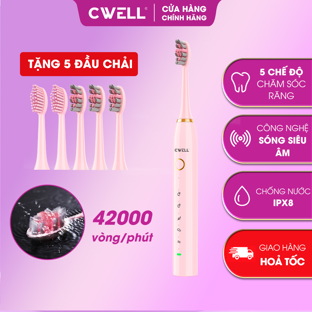 Bàn chải điện CWELL S1 PRO, 5 chế độ đánh răng tự động, tặng kèm 5 đầu bàn chải chống nước IPX8 chải sạch mảng bám tới 10X