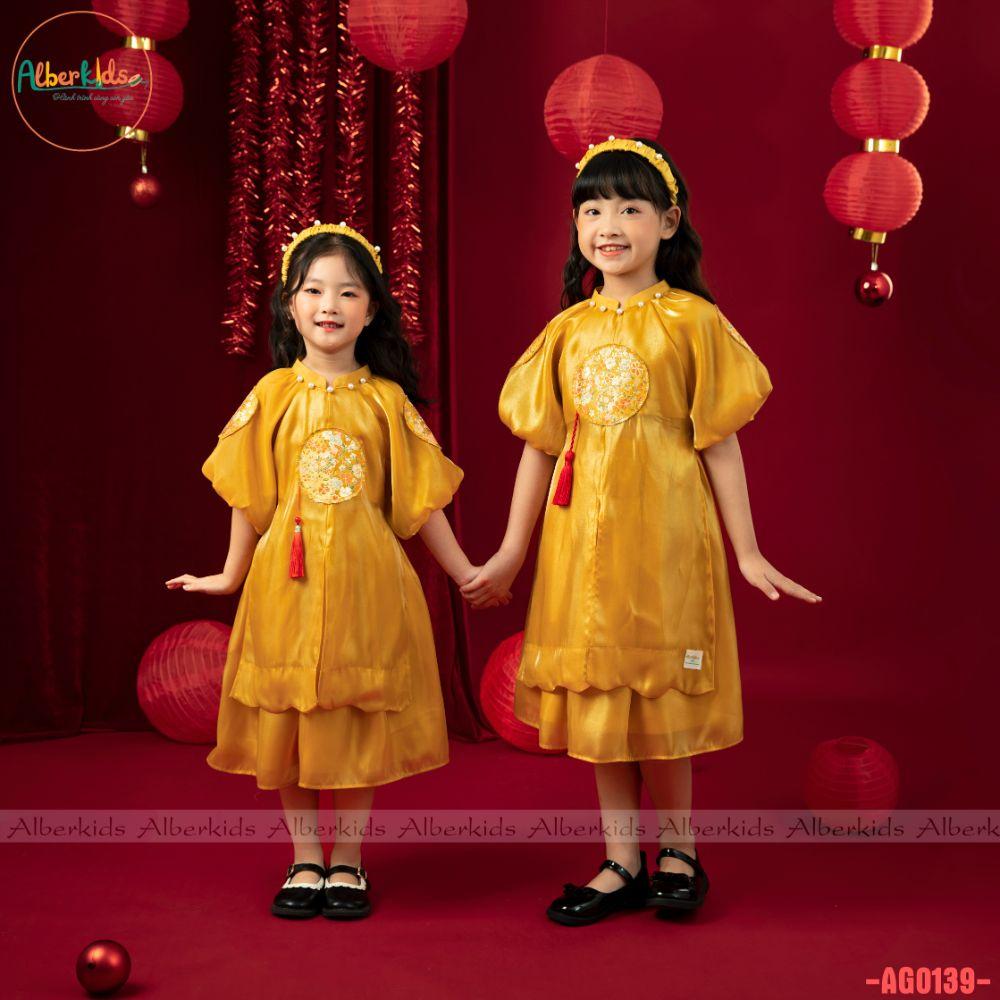 Áo dài bé gái ALBERKIDS ĐỎ, VÀNG nhật nguyệt 2 lớp cho trẻ em 2,3,4,5,6,7,8,9,10,11,12 tuổi