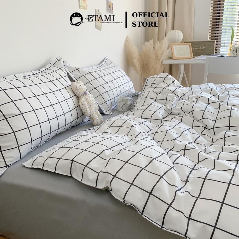 Bộ chăn ga gối đệm cao cấp cotton poly kẻ trắng cute miễn phí bo chun drap giường ga trải giường P12
