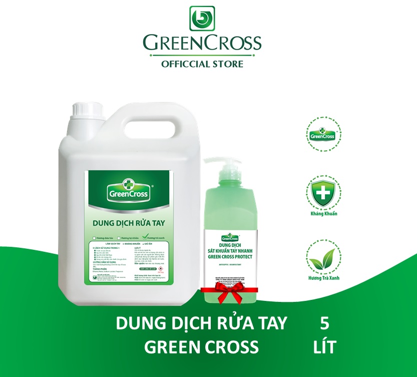 DUNG DỊCH RỬA TAY KHÔ KHÁNG KHUẨN GREEN CROSS CAN 5L - Tặng thêm 1 Chai Sát khuẩn nhanh Green Cross Protect 500ml