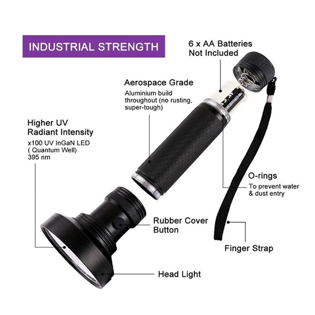 395NM 100 LED UV Flashlight + Protect Goggles