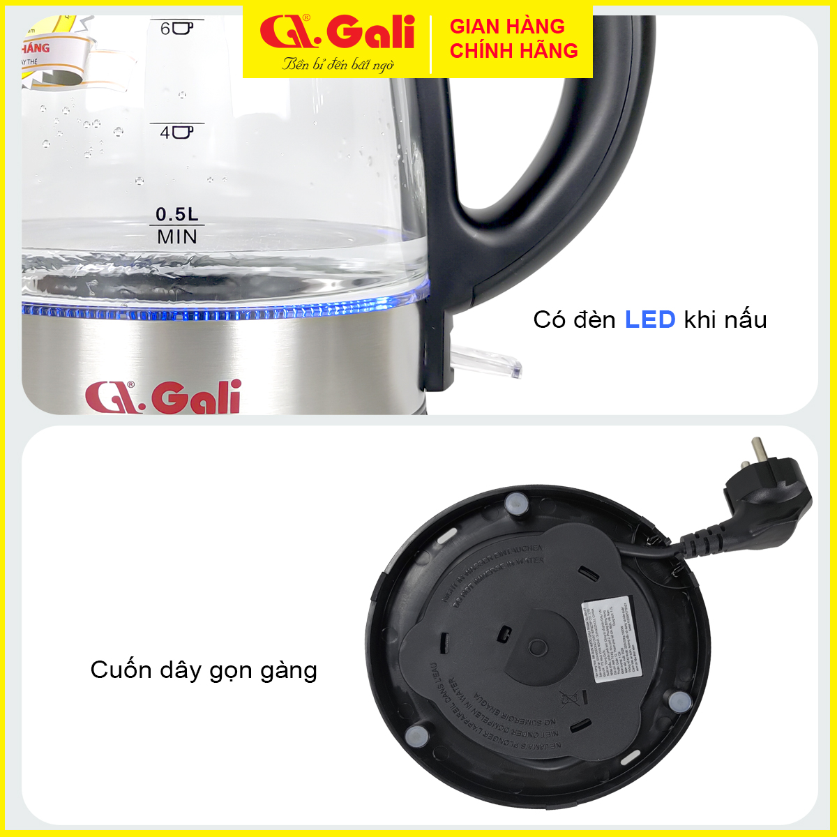 Bình đun nước Gali cao cấp, công suất 1850W. Thân bình thủy tinh cao cấp chịu nhiệt nóng lạnh, hàng chính hãng 100%. Bảo hành 24 tháng Gali.