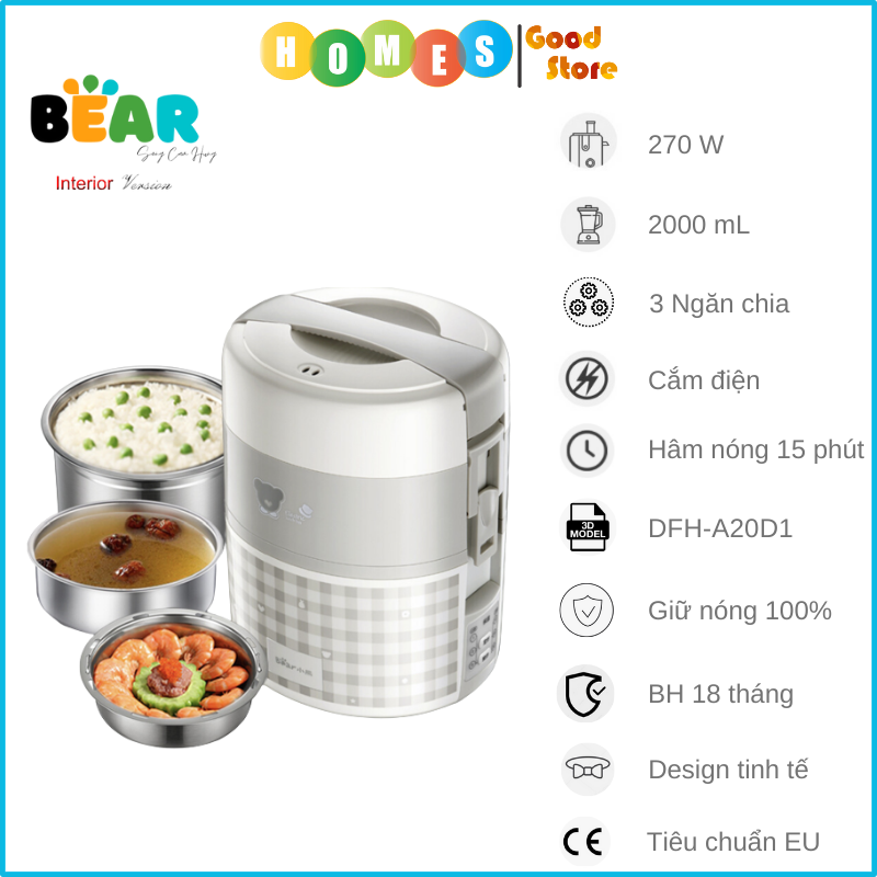 Hộp Cơm Điện Giữ Nhiệt Và Nấu Chín BEAR DFH-A20D1 3 Tầng Dung Tích 1.2 Lít Công Suất 270W - Hàng Nhập Khẩu