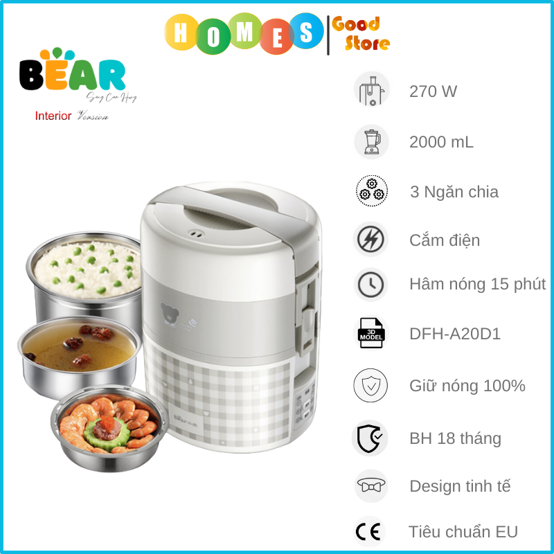 Hộp Cơm Giữ Nhiệt, Tự Hâm Nóng Và Nấu Chín Đa Năng 3 Tầng BEAR DFH-A20D1 Dung Tích 1.2L Công Suất 270W - Hàng Chính Hãng