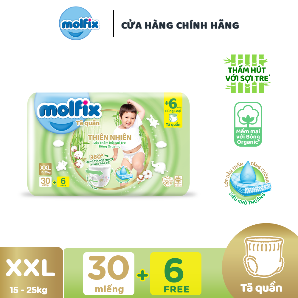 Tã/bỉm quần Molfix Thiên nhiên Jumbo XXL (15kg - 25kg) - Gói 28+6 miếng