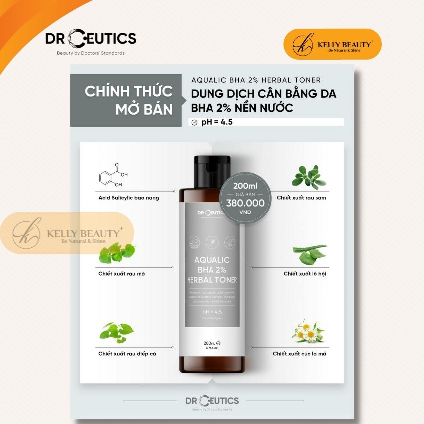 DrCeutics Aqualic BHA 2% Herbal Toner - Giảm Mụn, Ngừa Mụn Tái Phát; Da Sạch Mịn Màng | Kelly Beauty