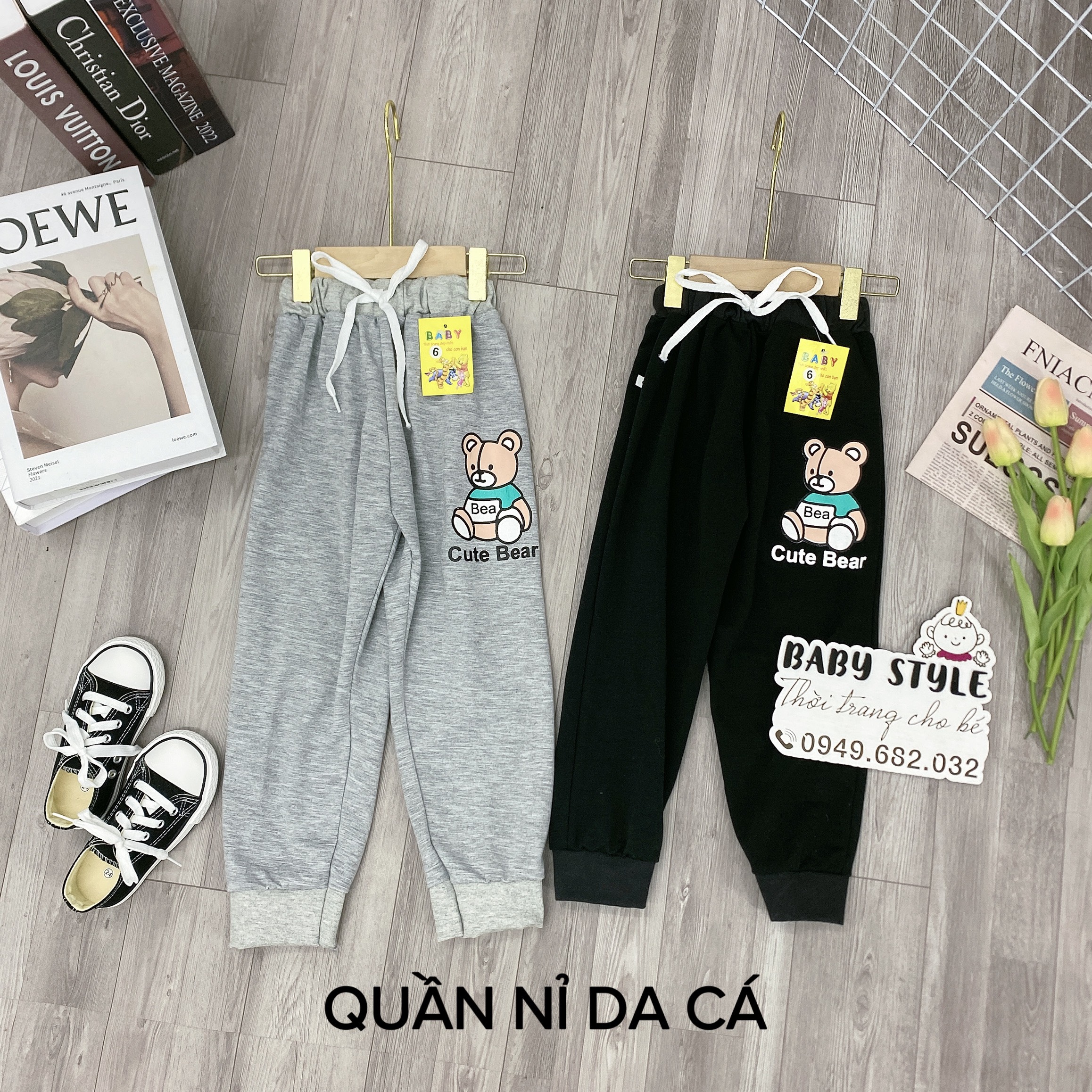 Quần jogger nỉ da cá cho bé trai bé gái &quot;CUTE BEAR&quot; 14-45kg. Kèm hình thật, chất vải dày dặn. B40