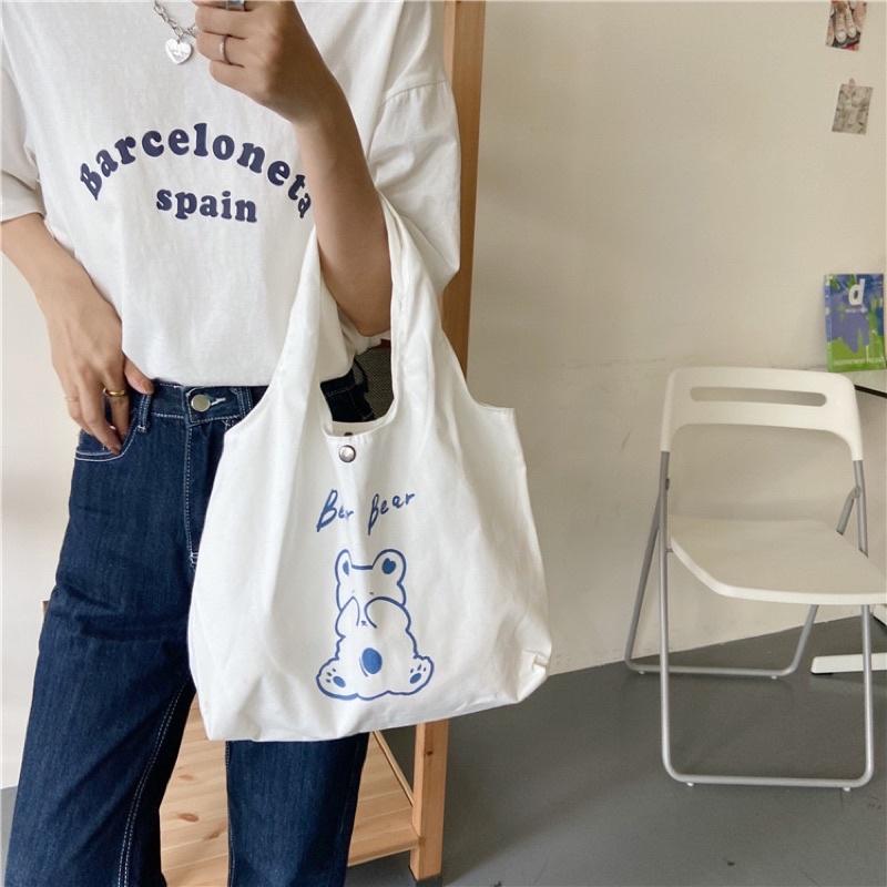 Túi Tote Túi Vải Canvas đeo vai Hình Chibi Mini phong cách Hàn Quốc có ngăn phụ và nút bấm