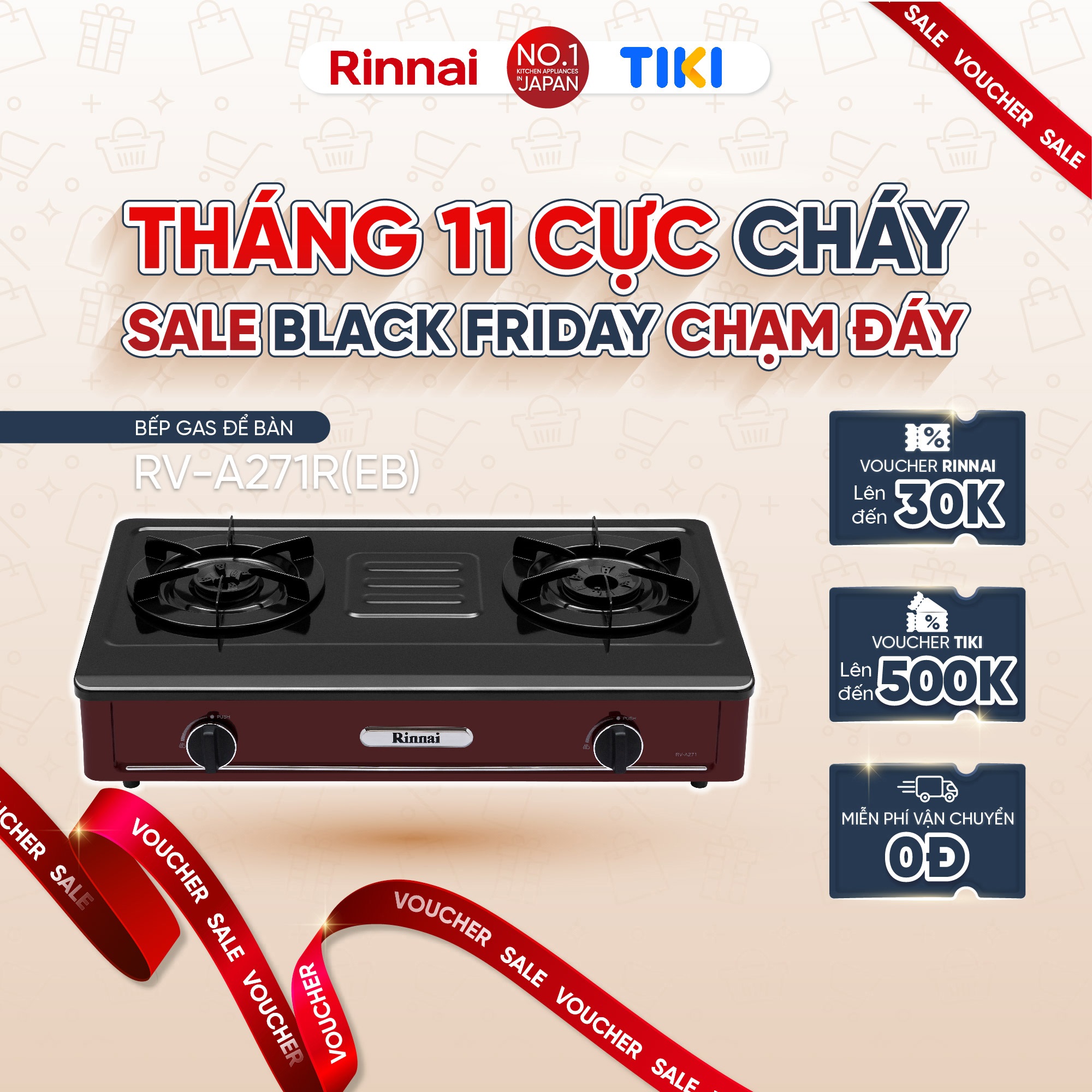 Bếp gas dương Rinnai RV-A271R(EB) mặt bếp men và kiềng bếp men - Hàng chính hãng.