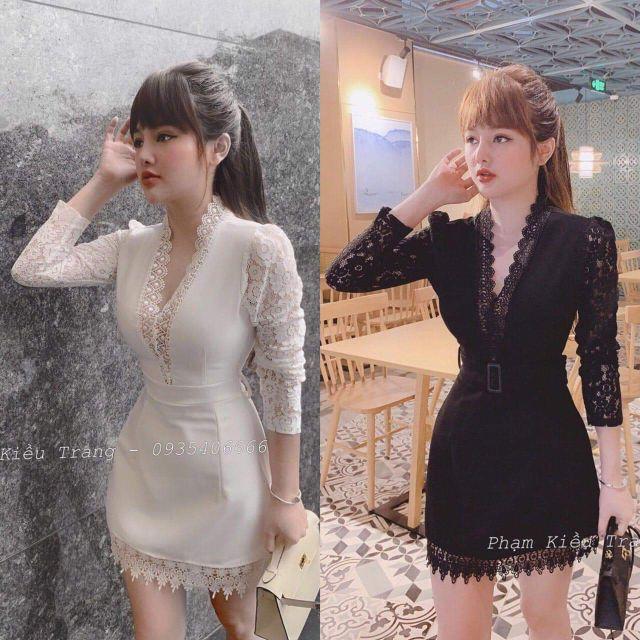 đầm body cổ V tay phối ren