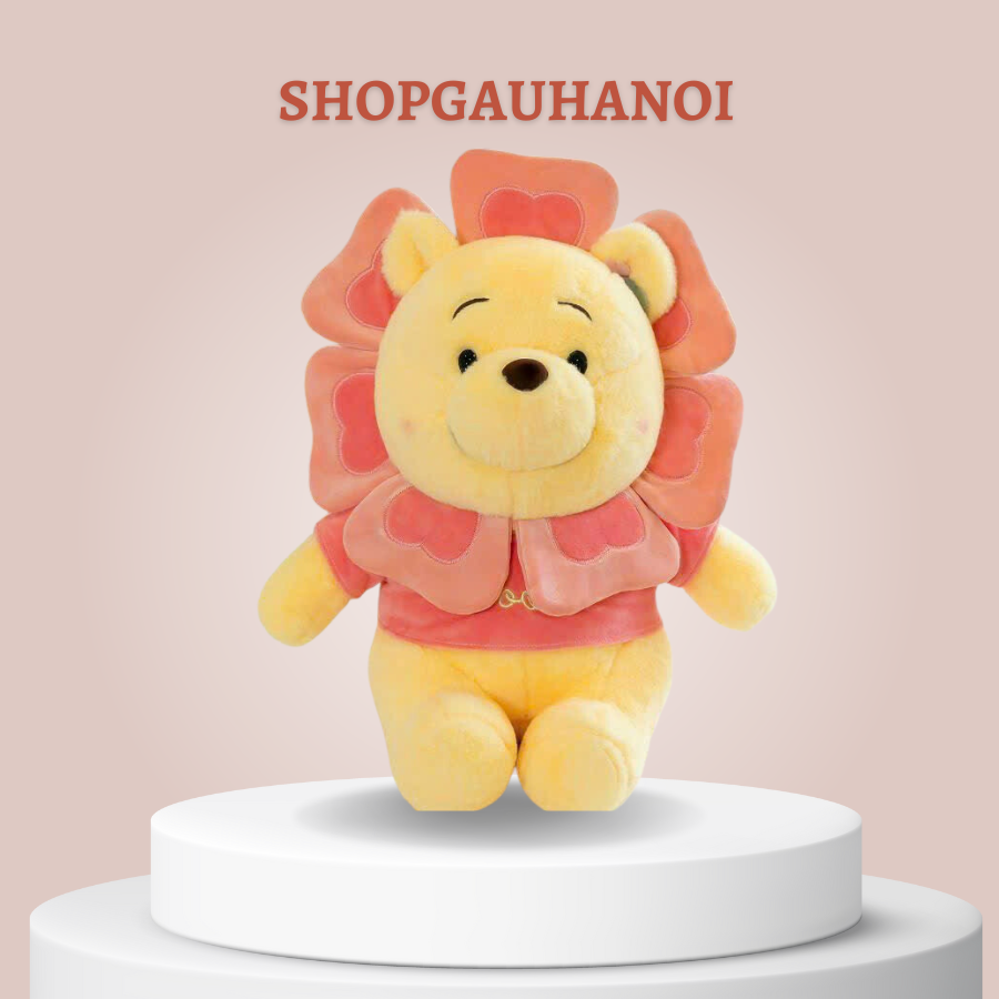 Gấu bông Pooh vàng hoa mặt trời áo nhung hồng thêu logo, hàng Quảng Châu cao cấp