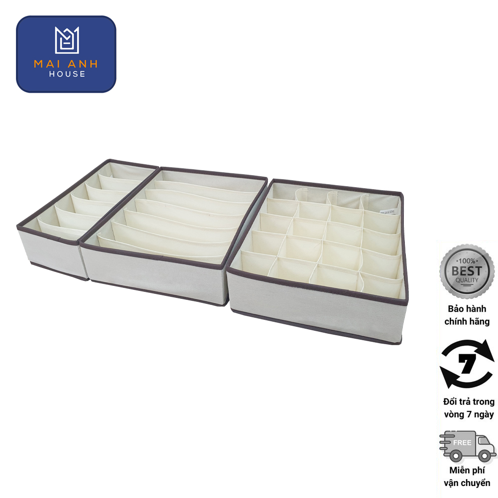 Bộ 3 hộp đựng đồ lót chia ngăn – 3TW – đựng đồ lót, quần, tất gọn gàng – Beige