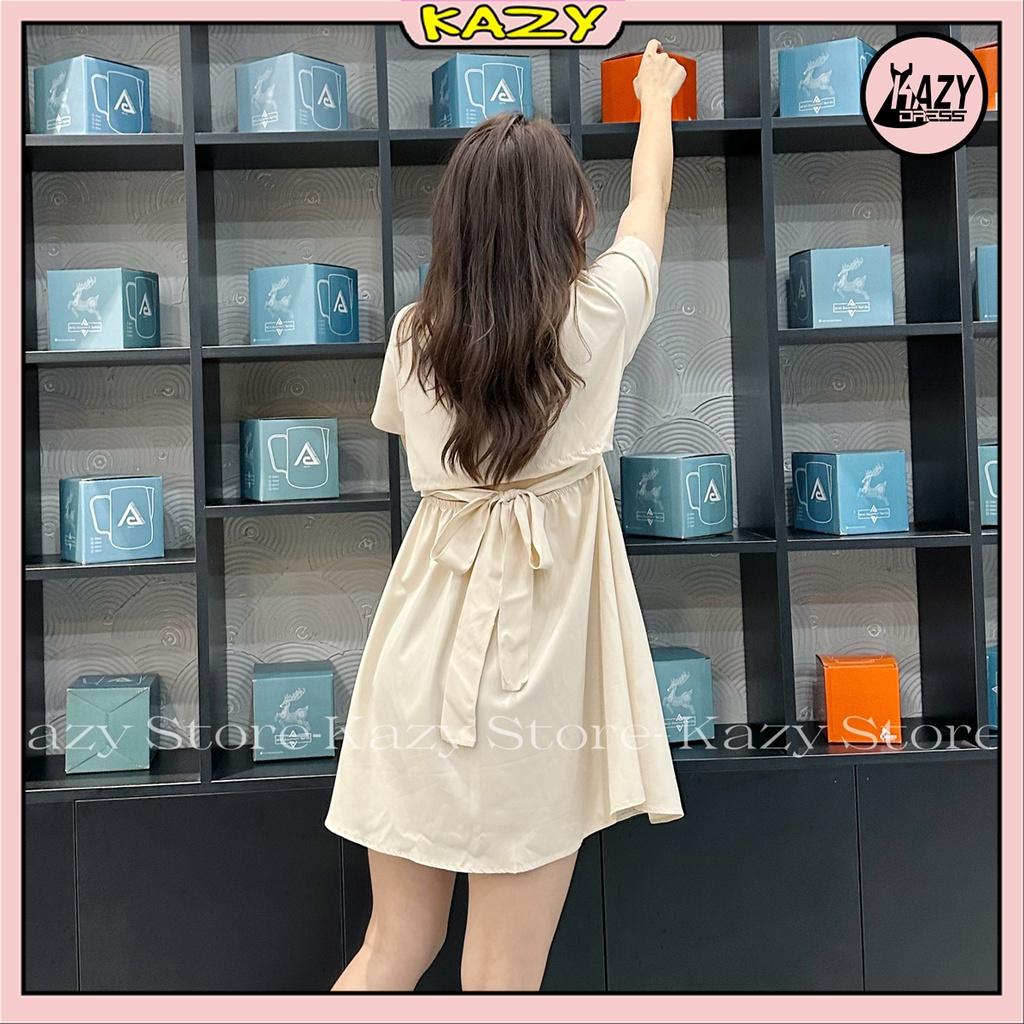 Váy sơ mi logo khoét lung thắt nơ, Váy hở lưng KAZY DRESS V002