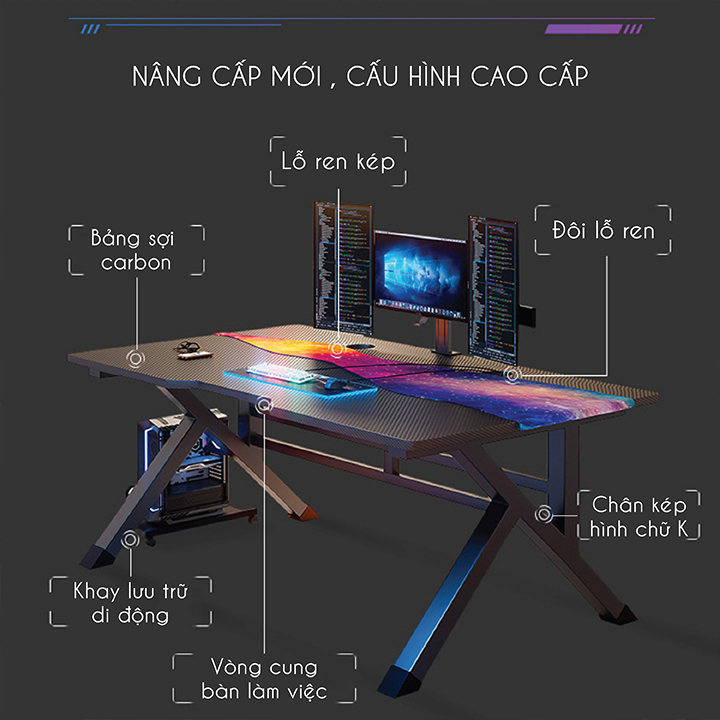 Bàn Gaming, Bàn Máy Tính Mặt MDF Cao Cấp Để PC, Laptop Bền Bỉ, Khung Sơn Tĩnh Điện Thiết Kế Hiện Đại Trẻ Trung