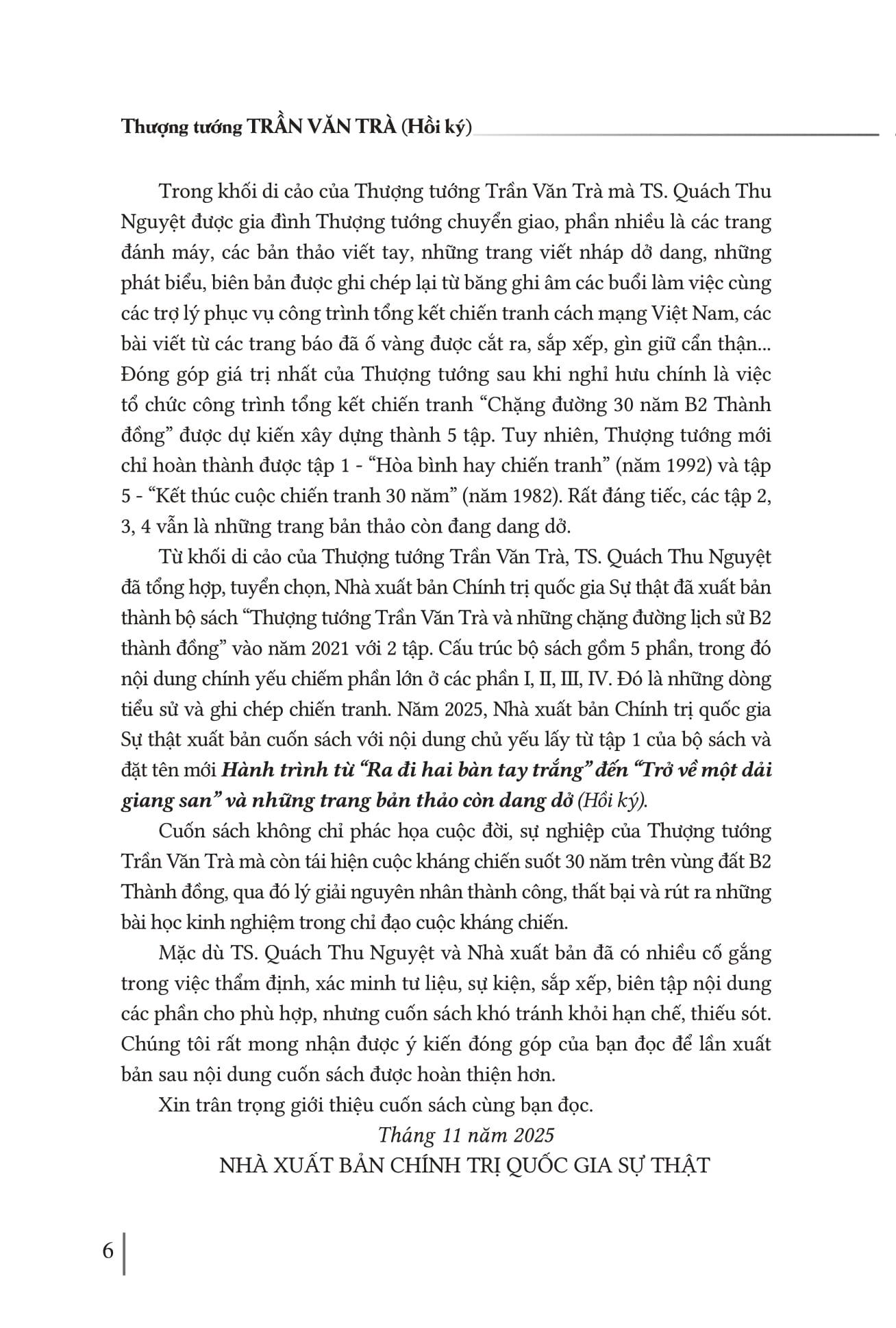 Sách - Hồi Ký Thượng Tướng Trần Văn Trà - Hành Trình Từ “Ra Đi Hai Bàn Tay Trắng” Đến “Trở Về Một Dải Giang San” Và Những Trang Bản Thảo Còn Dang Dở