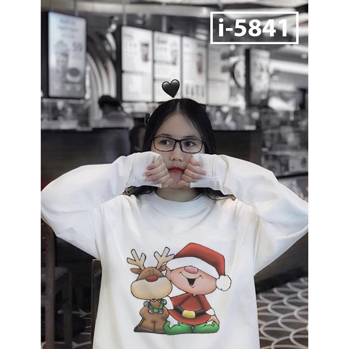 Áo Thun Nữ Vây Cá Tay Dài Bo Ông Già NOEL Chú Tuần Lộc Màu Trắng ATN5841