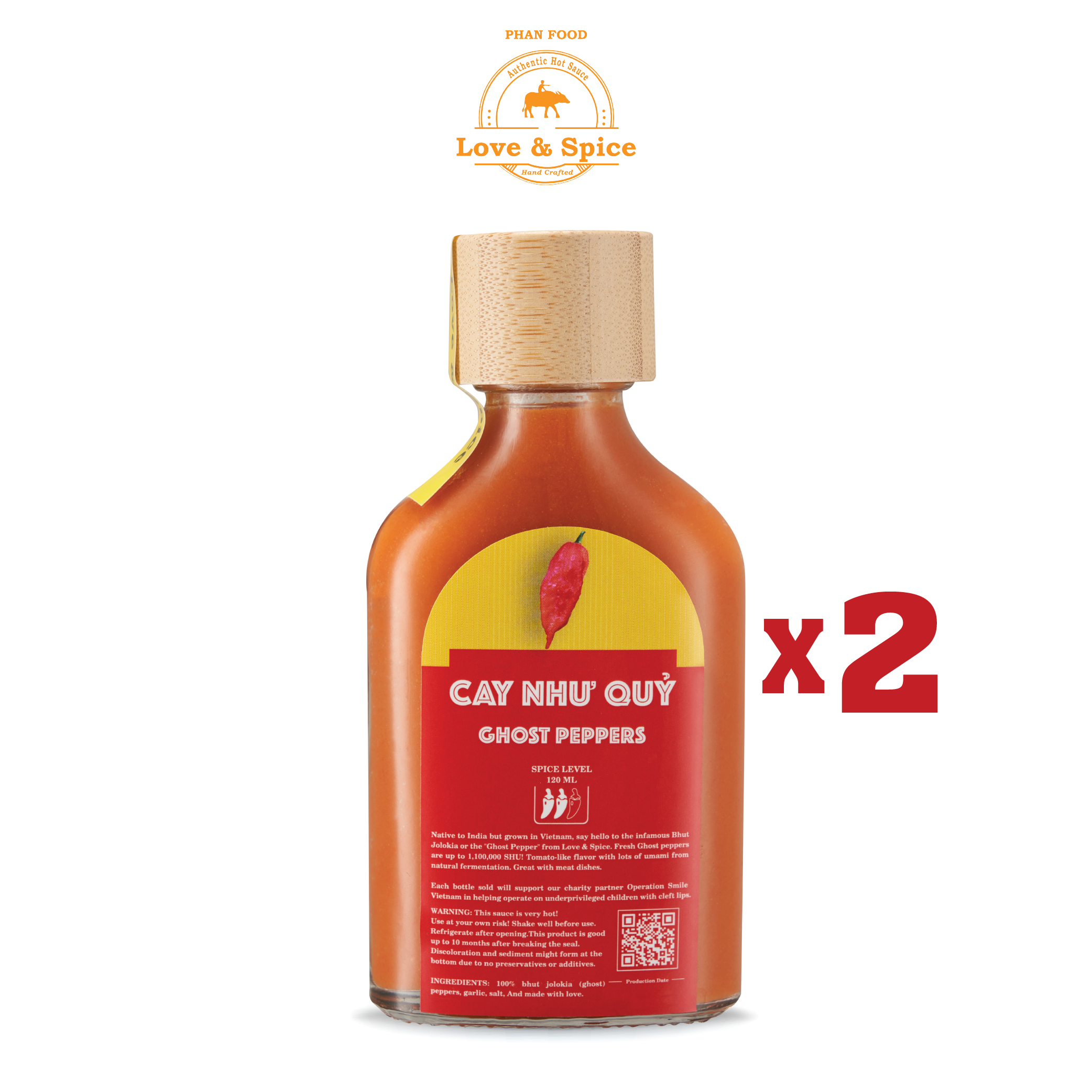 CAY NHƯ QUỶ - Combo 2 chai tương ớt siêu cay Love &amp; Spice (cấp độ 2) lên men tự nhiên từ ớt Ghost Pepper chai 120ml x 2