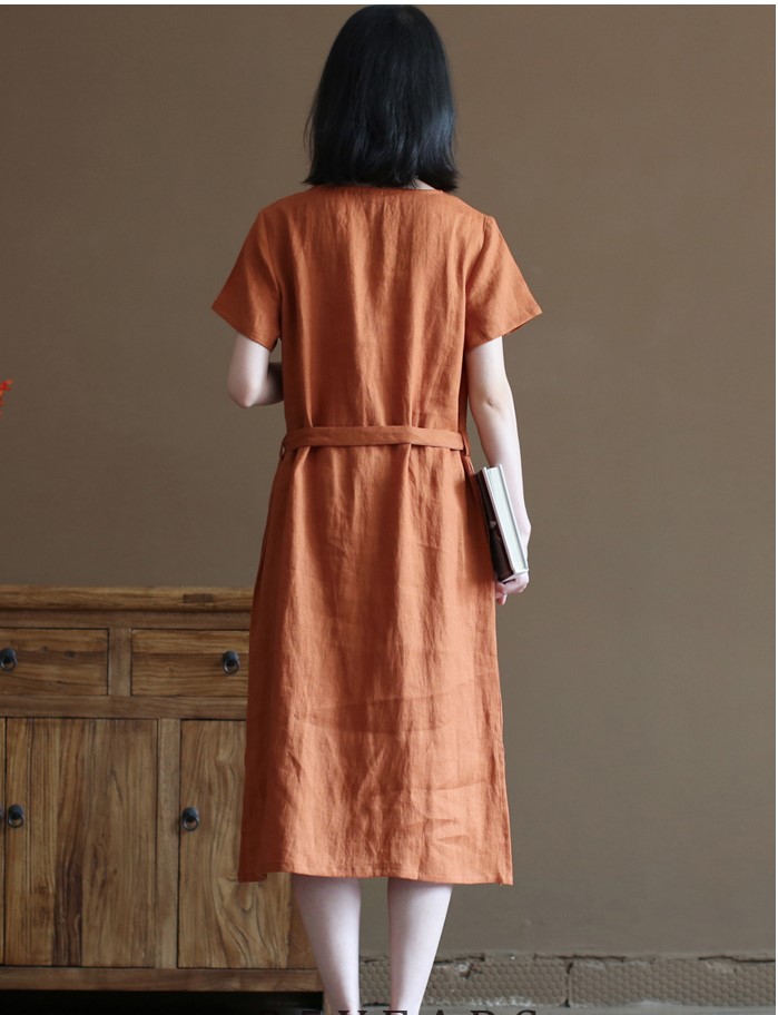 Đầm linen suông cổ tim ngắn kèm dây thắt eo phong cách nữ nhẹ nhàng thach lịch, mẫu mới Đũi Việt 2023 DV193