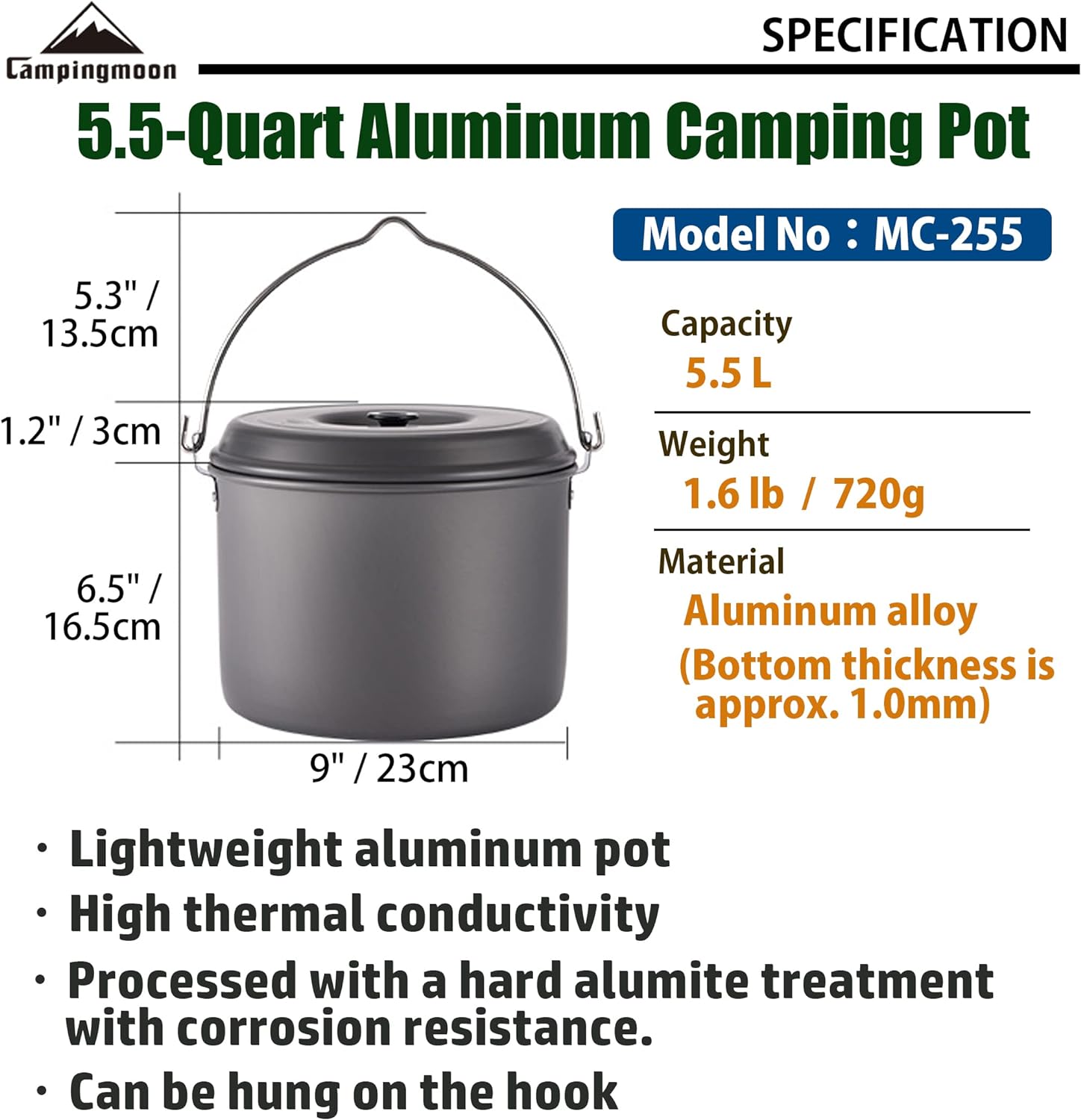 Nồi treo dã ngoại bằng nhôm Campingmoon MC-255 (5.5 lít)