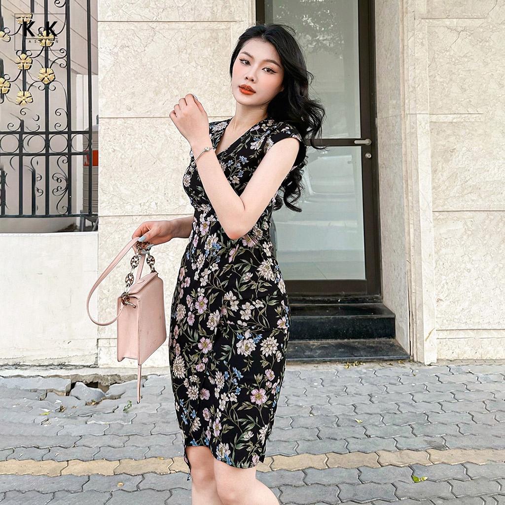 Đầm Quấn Wrap Dress Họa Tiết Hoa Cổ Tim K&K Fashion KK120-02 Chất Liệu Xốp Thái