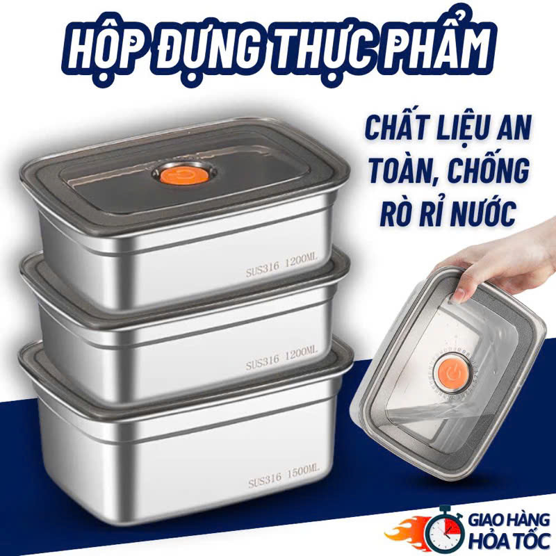 Hộp Đựng Thực Phẩm Tủ Lạnh, Đồ Ăn Bằng Inox 304 Có Nắp Nhựa Kèm Theo Tiện Lợi (135x105x58 mm) Và Loại To ( 250x200x60 mm)