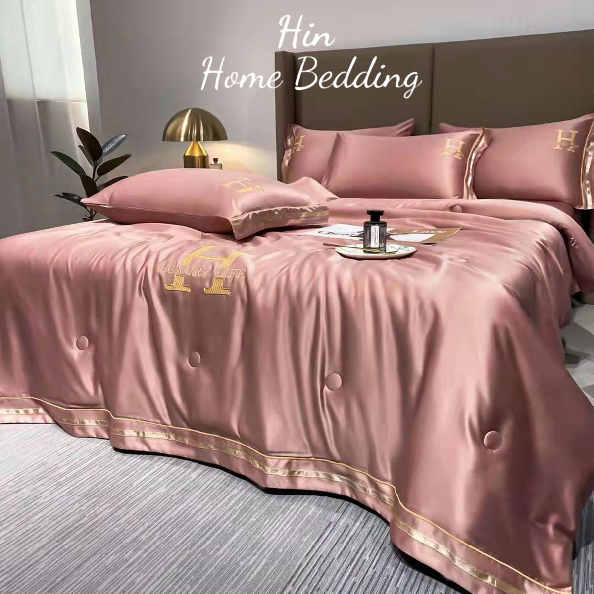 Bộ Chăn Ga Gối Đệm 5 Món Chăn Phao Lụa Thái Hin Home Bedding Drap Giường Lụa Mẫu Hồng