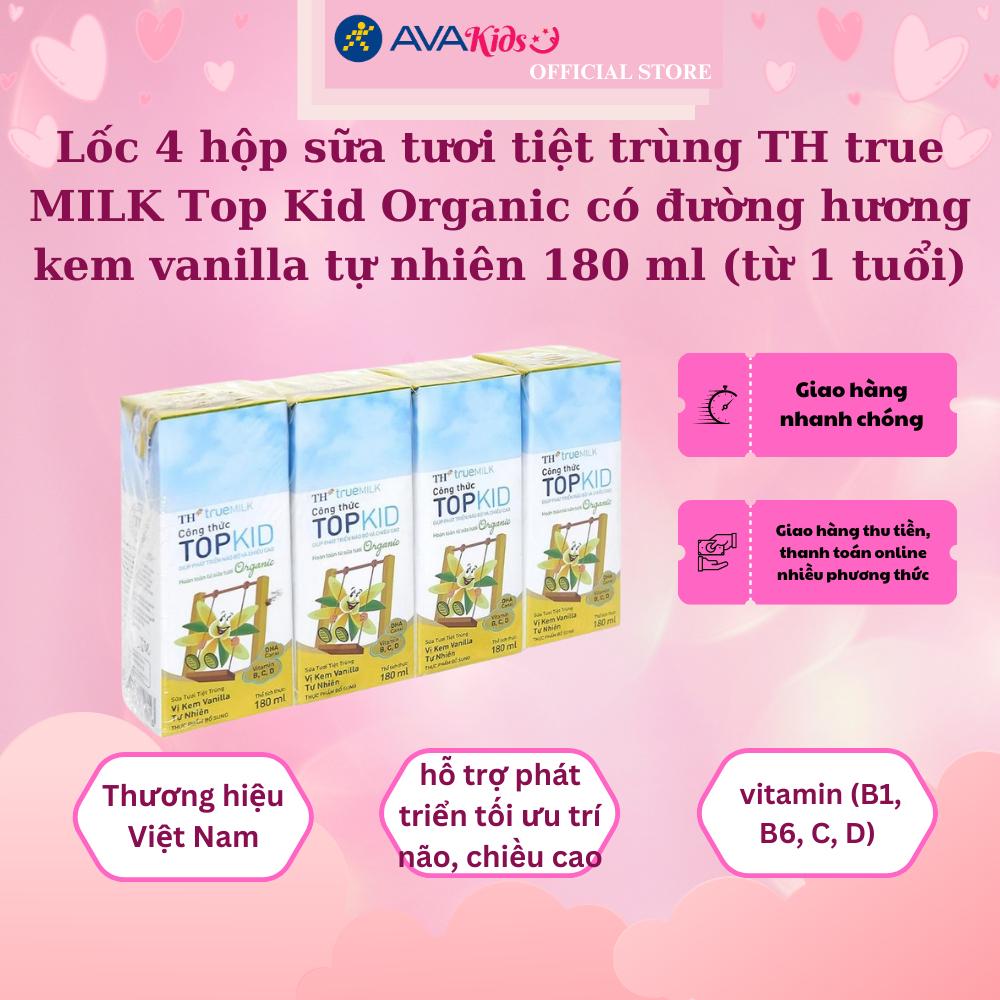 Hình ảnh Lốc 4 hộp sữa tươi tiệt trùng TH true MILK Top Kid Organic có đường hương kem vanilla tự nhiên 180 ml (từ 1 tuổi)