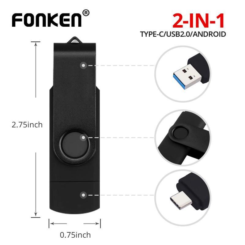 Ổ đĩa flash Fonken USB 2.0 loại C 2 trong 1 tốc độ cao 128GB 64GB 32GB 16GB