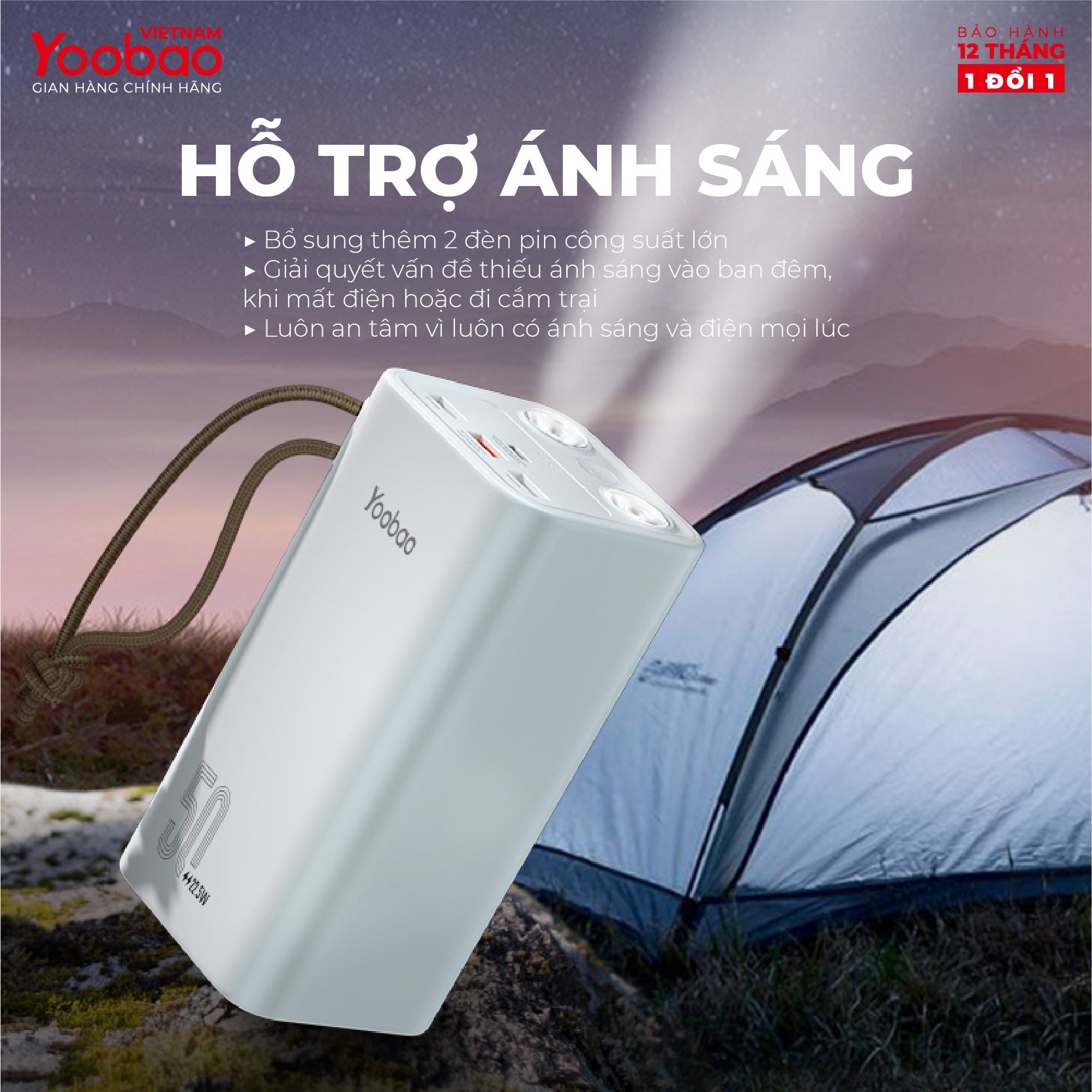 Pin sạc dự phòng YOOBAO H5 dung lượng 50000 mAh, tích hợp đèn pin siêu sáng, hỗ trợ các giao thức sạc nhanh Hàng chính hãng - BH12T