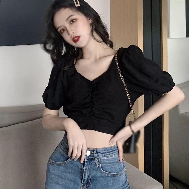 Áo Sơ Mi Nữ Cổ V Tay Phồng, Áo Croptop rút nhún thời trang