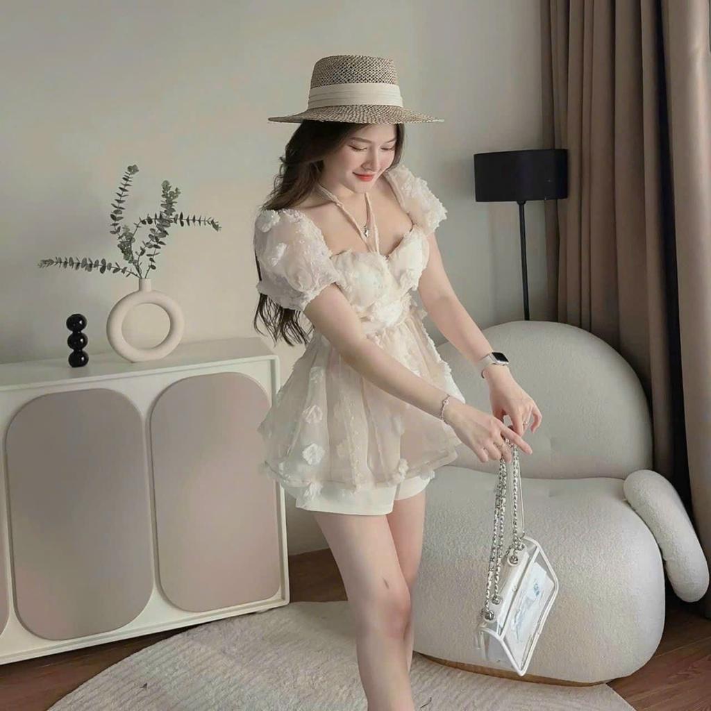 Sét bộ xô bông nổi áo vạt xoè cổ phối dây mocking thân sau kèm quần ngắn