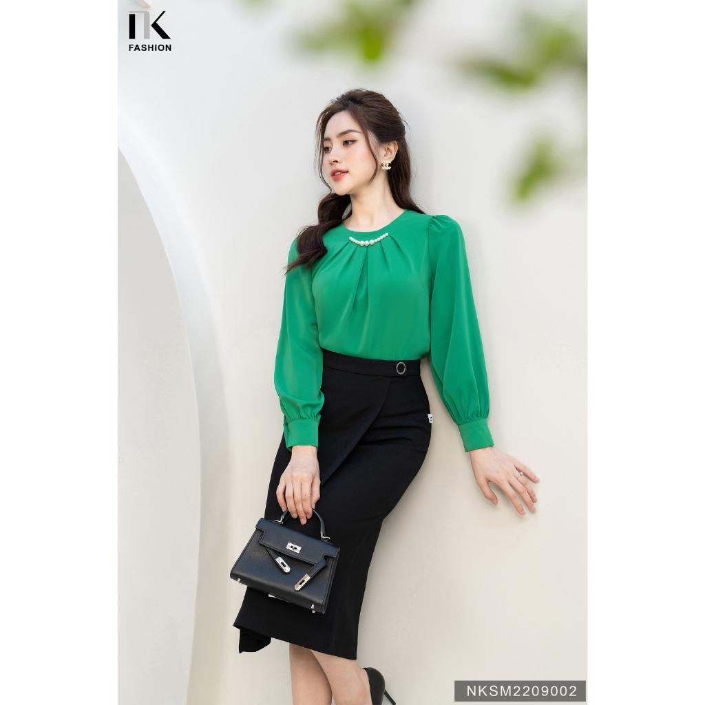 Áo Sơ Mi Công Sở Dài Tay Cổ Đính Dây Ngọc NK FASHION Chất Vải Lụa Hàn Cao Cấp, Mềm Mại NKSM2209002